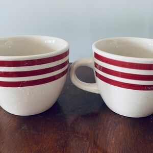 Two Threshold Bistro Ruby Ring Stripe ceramic coffee mugs., mug set $18